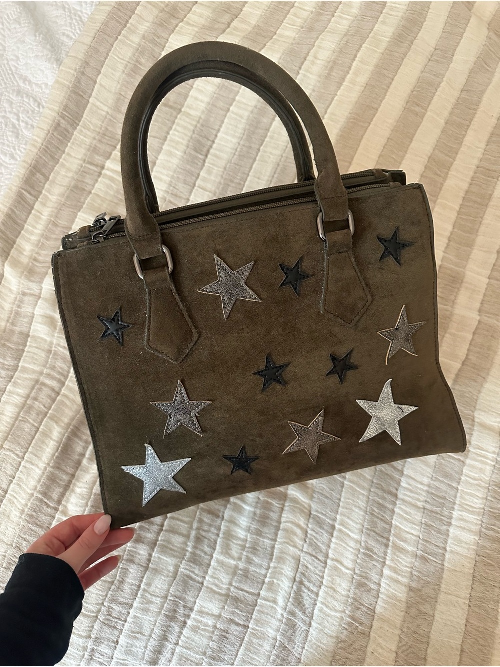 Olive Suede Star-Accent Satchel